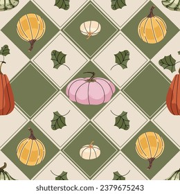 Pumpkin with green leaves tile seamless rustic pattern vector perfect for Thanksgiving, fall, autumn, Halloween cards, fabric, banners, invites, wrapping paper, wallpaper, cover