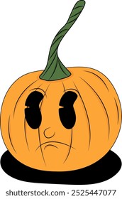 Pumpkin with a green stem, depicting a sad face with black eyes, suitable for Halloween themed designs or fall decorations.