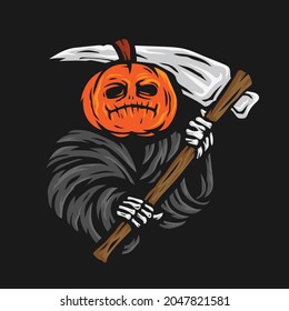 pumpkin grim reaper character mascot vector illustration