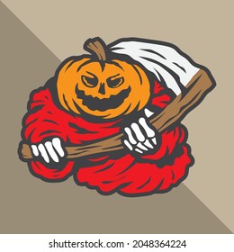 pumpkin grim reaper character mascot vector illustration