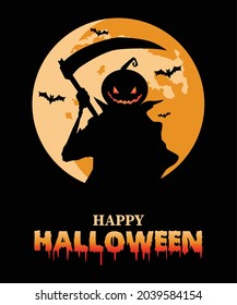Pumpkin grim reaper combined with moon on black background, halloween illustration. Happy halloween
