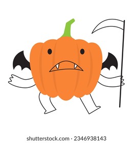 Pumpkin with Grim reaper costume . Halloween cartoon character . Vector .