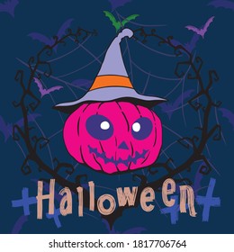 Pumpkin with a grinning face. Magic hat. Bats, branches with thorns, crosses, cobwebs. Halloween illustration.
