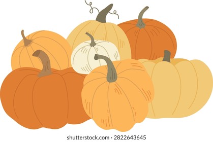 Pumpkin group stacked in a heap with varied shapes, stems, and soft shading in a clean cartoon style. Symbol of autumn abundance, farm market, and seasonal bounty. Cartoon vector illustration.