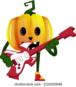 Pumpkin with guitar, illustration, vector on white background.