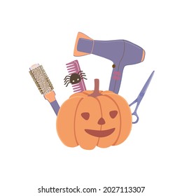 Pumpkin and hair salon accessories, hair dryer, comb, scissors. Happy Halloween day, barber tools in a cute festive composition. The vector is suitable for advertisements and decor.