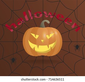Pumpkin for Halloween. Angry smile with fangs. On a brown background with a spider web and spiders. Vector image.