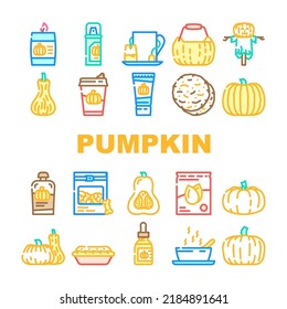 pumpkin halloween autumn orange icons set vector. thanksgiving cute face, fall food harvest, scary evil vegetable, decoration horror pumpkin halloween autumn orange color line illustrations