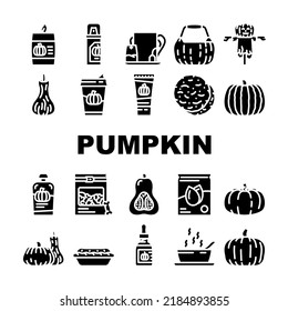 pumpkin halloween autumn orange icons set vector. thanksgiving cute face, fall food harvest, scary evil vegetable, decoration horror pumpkin halloween autumn orange glyph pictogram Illustrations