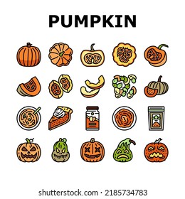 pumpkin halloween autumn orange icons set vector. thanksgiving, fall vegetable, cute decoration, face squash, scary evil lantern pumpkin halloween autumn orange color line illustrations