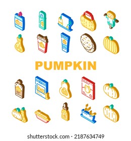 pumpkin halloween autumn orange icons set vector. thanksgiving cute face, fall food harvest, scary evil vegetable, decoration horror pumpkin halloween autumn orange isometric sign illustrations