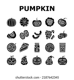 pumpkin halloween autumn orange icons set vector. thanksgiving, fall vegetable, cute decoration, face squash, scary evil lantern pumpkin halloween autumn orange glyph pictogram Illustrations