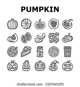 pumpkin halloween autumn orange icons set vector. thanksgiving, fall vegetable, cute decoration, face squash, scary evil lantern pumpkin halloween autumn orange black contour illustrations