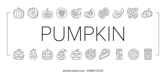 pumpkin halloween autumn orange icons set vector. thanksgiving, fall vegetable, cute decoration, face squash, scary evil lantern pumpkin halloween autumn orange black contour illustrations