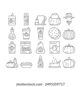 pumpkin halloween autumn orange icons set vector. thanksgiving cute face, fall food harvest, scary evil vegetable, decoration horror pumpkin halloween autumn orange black contour illustrations