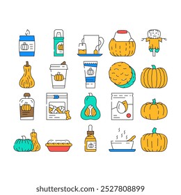 pumpkin halloween autumn orange icons set vector. thanksgiving cute face, fall food harvest, scary evil vegetable, decoration horror pumpkin halloween autumn orange color Contour Illustrations