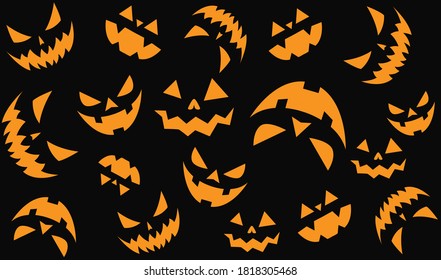 Pumpkin halloween background with black, pumpkin faces pattern. Vector illustration.