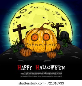 pumpkin halloween background from vector.Zombie sit down on pumpkin in graveyard.