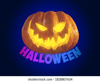 pumpkin for Halloween bright orange on a dark blue luminous background in the style of low poly with the inscription Halloween