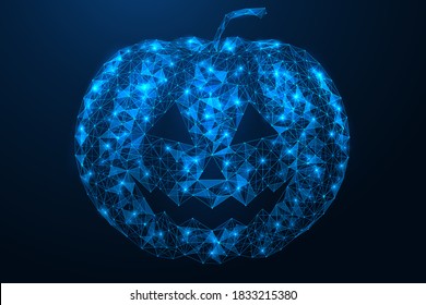 Pumpkin for Halloween. Bright polygonal construction of interlocked lines and dots. Blue background.