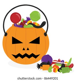Pumpkin Halloween bucket filled with candy.