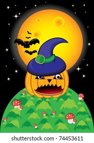 Pumpkin Halloween Card with bat, and moon.