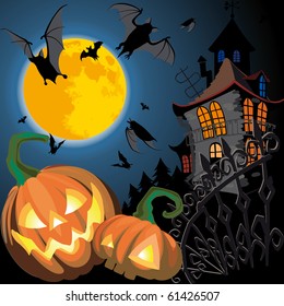 Pumpkin Halloween Card with bat, old house and moon