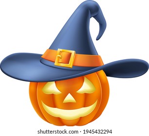 A pumpkin Halloween carved jack o lantern wearing a witchs hat cartoon