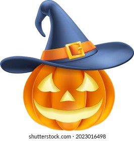 A pumpkin Halloween carved jack o lantern wearing a witchs hat cartoon
