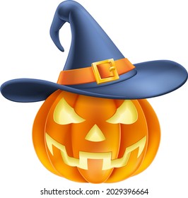 A pumpkin Halloween carved jack o lantern wearing a witchs hat cartoon