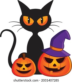Pumpkin halloween with cat cartoon vector art and illustration
