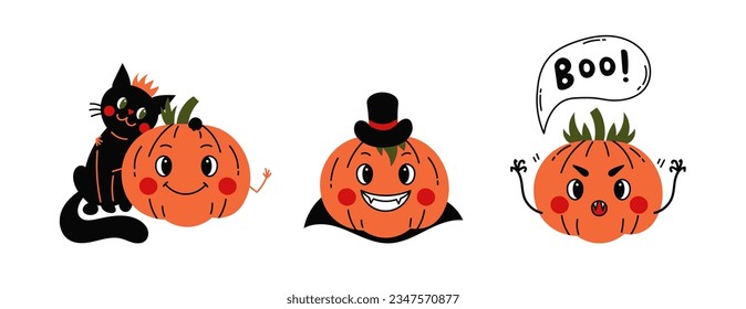 Pumpkin Halloween characters set. Childish collection of vector illustration for Halloween t shirt print, greeting card, poster, decoration with black cat, Dracula and creepy pumpkin