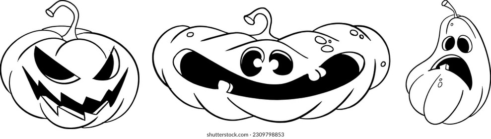 Páginas de coloreo de calabaza de halloween. Página de Halloween coloreando con objetos espeluznantes, una linda hoja de colorido de Halloween dibujada a mano. Estilo Doodle. Ilustración del vector de contorno para el libro de coloreado. Icono de hoja de vectores.