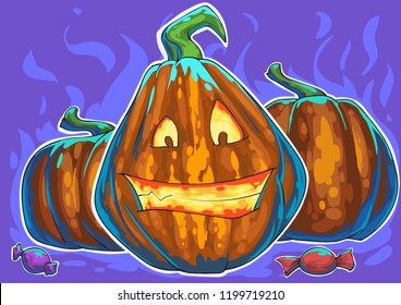Pumpkin Halloween comic art vector. Cartoon art orange. Celebrating october. Hell funny. Smile face. Illustration. Сool smile face. Sweets, Sweetness or nastiness.