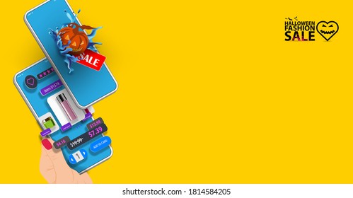 Pumpkin for Halloween falls on the phone screen. Halloween fashion sale. Vector banner