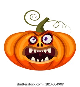 Pumpkin Halloween funny face open mouth creepy and scary funny jaws teeths creatures expression monster character. Vector isolated cartoon style
