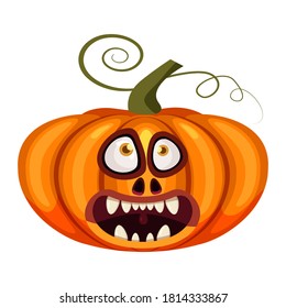 Pumpkin Halloween funny face open mouth creepy and scary funny jaws teeths creatures expression monster character. Vector isolated cartoon style