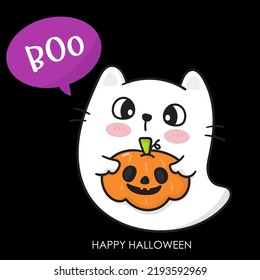 Pumpkin Halloween Ghost cat. Cute Witch cartoon (Kawaii vector). Trick or treat kids. Perfect make a wish for background, card, pattern, nursery wall and shirt design.