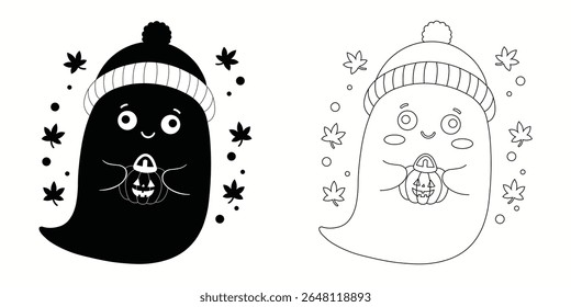 Pumpkin and Halloween ghost silhouette and outline vector with white background.