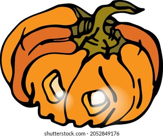 Pumpkin for Halloween. Graphic drawing of Jack's lantern. A red pumpkin with cutouts for eyes and mouth. It glows from the inside. Holiday, surprise, congratulations. Print on fabric and paper.