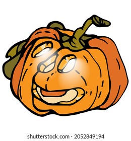 Pumpkin for Halloween. Graphic drawing of Jack's lantern. A red pumpkin with cutouts for eyes and mouth. It glows from the inside. Holiday, surprise, congratulations. Print on fabric and paper.