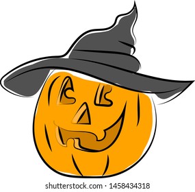 Kürbis mit Hut auf halbem Hintergrund, Vektorgrafik auf weißem Hintergrund.