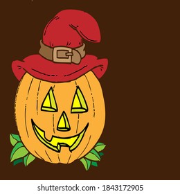 pumpkin with halloween hat on brown background greeting card