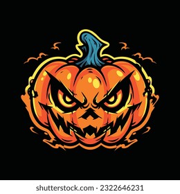 Logo de la mascota de la cabeza de calabaza de Halloween para la salida. Diseño de camisetas de calabaza Halloween. Logo de Halloween de calabaza. Pegatina de calabaza Halloween