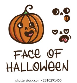 Pumpkin for Halloween holiday with set of faces and emotions. Handdrawn sticker. Jack Lantern character. Emoticon with smile, disgust and confusion. Cute cartoon face. Concept of autumn harvest. Vegan