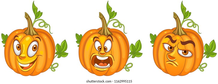 Pumpkin. Halloween holiday symbol. Vegetable concept. Emoji Emoticon collection. Cartoon characters for kids coloring book, colouring pages, t-shirt print, icon, logo, label, patch, sticker.