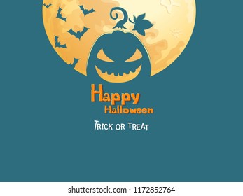 The Pumpkin Halloween icon with emotions face isolated on color and moon background. Vector cartoon Illustration.