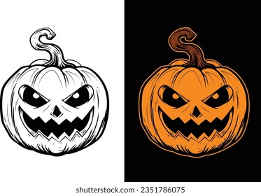 Pumpkin halloween illustration, Creepy pumpkin isolated vector.