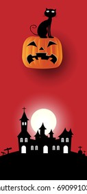 Pumpkin halloween illustration layout with silhouette castle in red tone color, Vertical Vector design for invitation card holiday