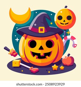 Pumpkin halloween illustration with witch hat, moon, candy, and fruit. Halloween pumpkin with happy expression.